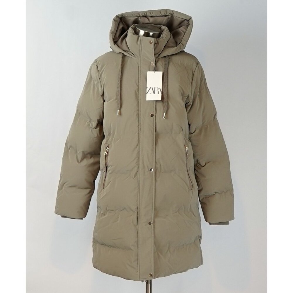 Zara Khaki Mid Length Puffer Jacket
